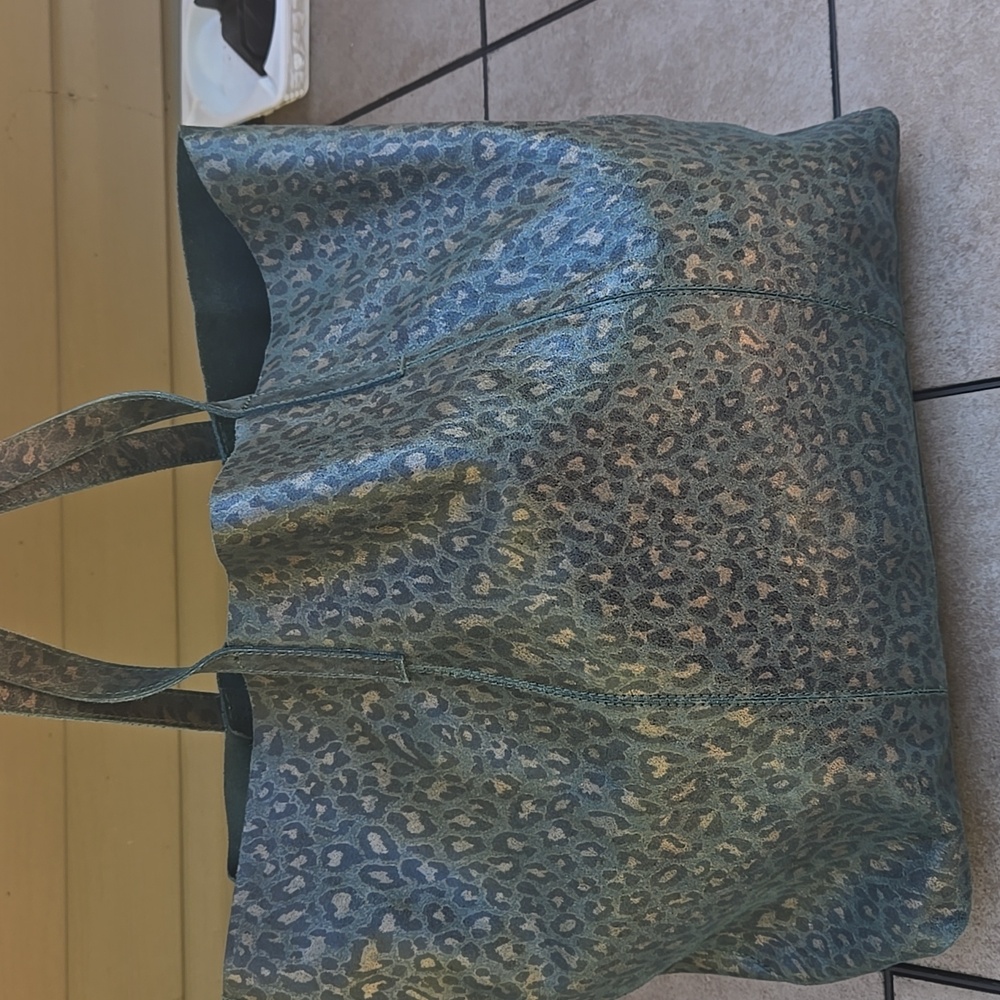 Anthropologie Green Leather Leopard Bag Tote
